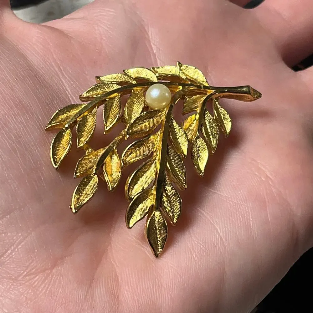 BSK Vintage Gold and Faux Pearl Leaf Brooch - Signed